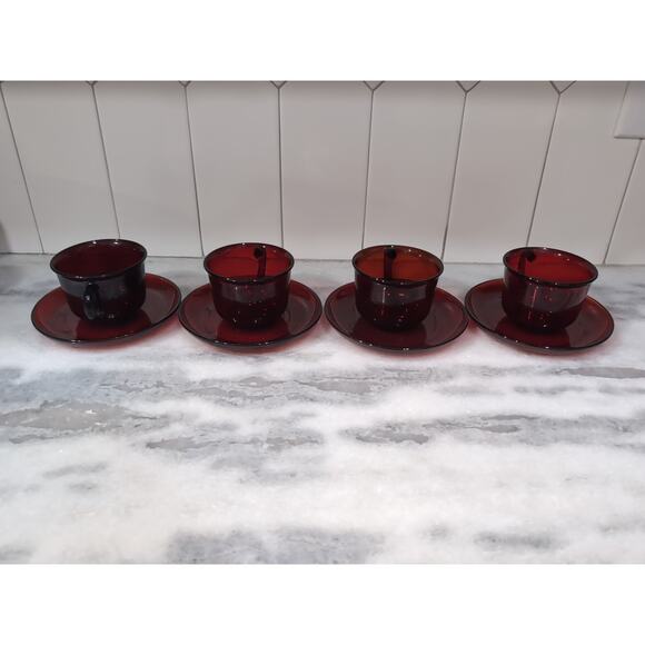 Arcoroc Glass Teacups & Saucers, Ruby Red Set, MCM Tea Set, French Glassware‎ - Picture 4 of 11